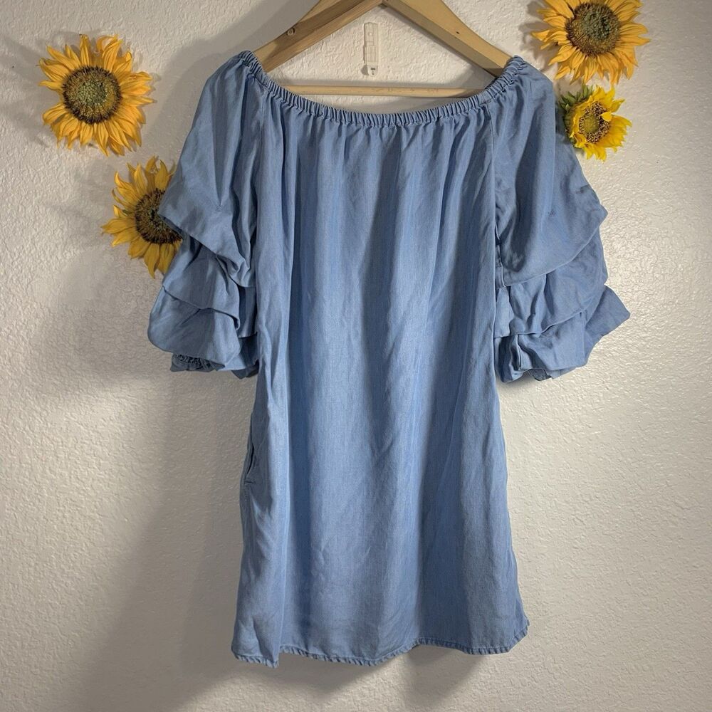Zara Woman Blue Denim Ruffle Tiered Sleeve Short Off The Shoulder Dress Size XS - Picture 5 of 9